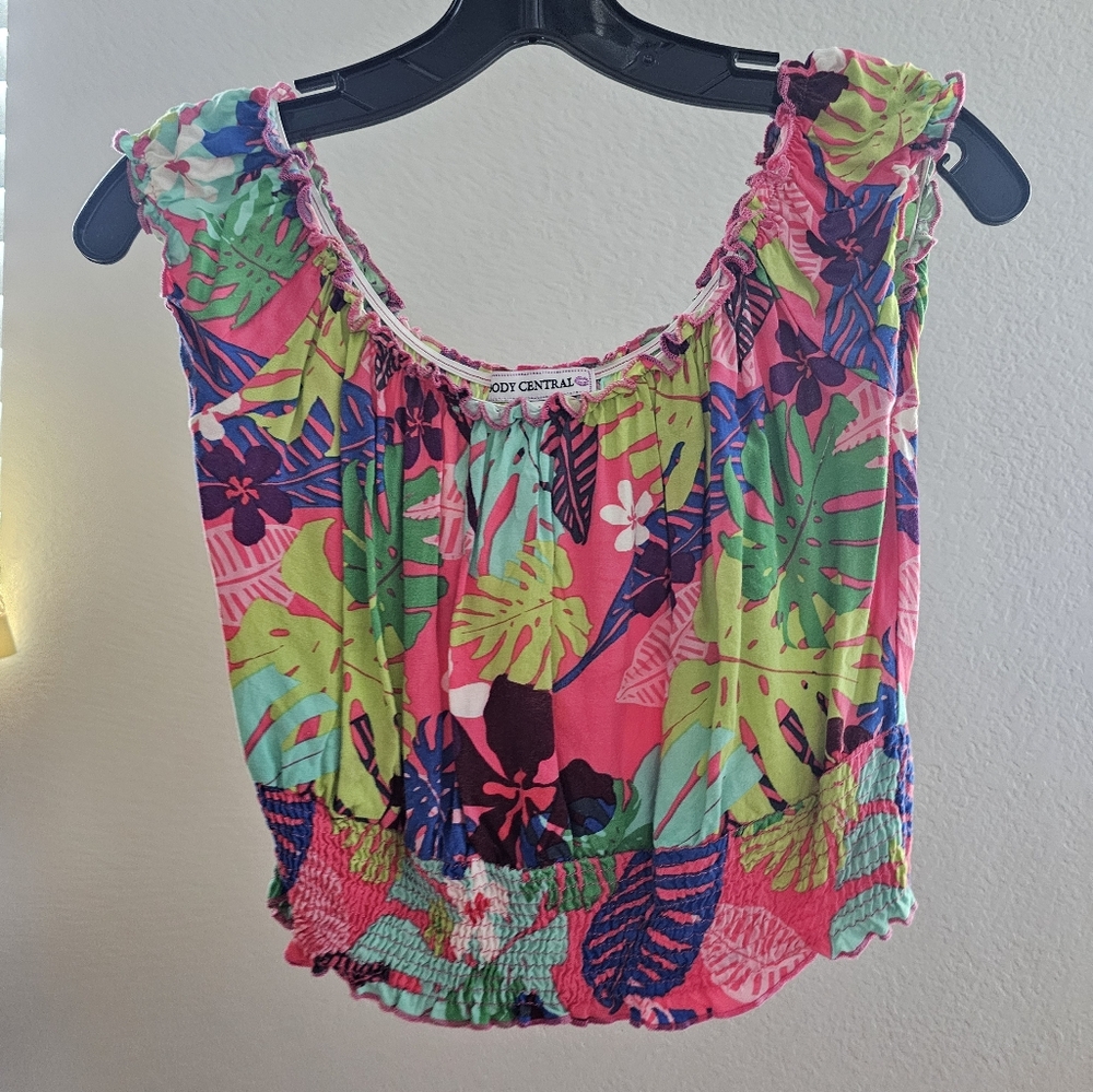 Body Central Pink and Green Ruffled Smocked Blouse